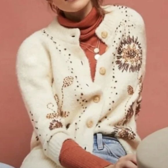 Anthropologie Sweaters - Anthropologie Ivory Field Flower Tuileries Embellished Cardigan Sweater Size S